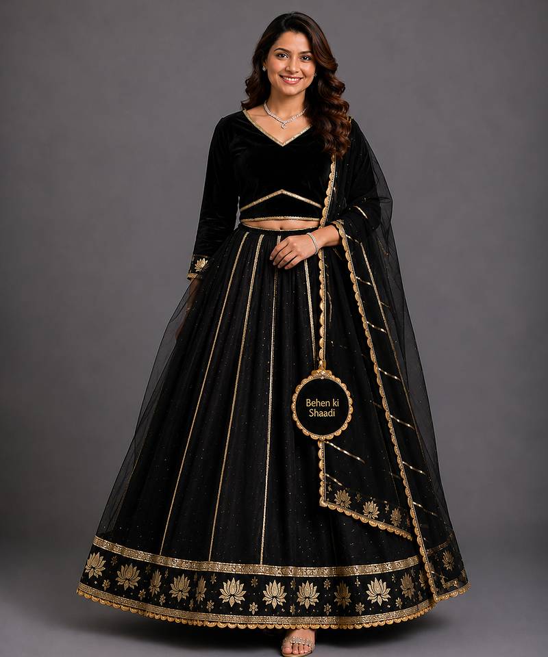 Black Gold Embroidered Cotton Silk Lehenga Set