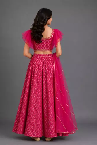 Magenta Pink Embroidered Cotton Silk Lehenga Set