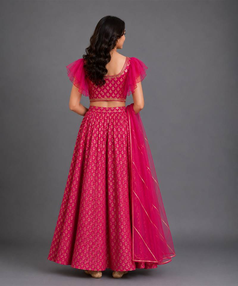 Magenta Pink Embroidered Cotton Silk Lehenga Set
