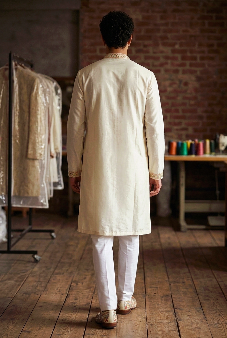 roman silk blend fabric embroidery mens designer party wear kurta pajama