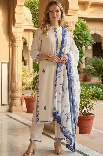 Women Floral Embroidered Regular Thread Work Pure Cotton Kurta with Trousers & With Dupatta