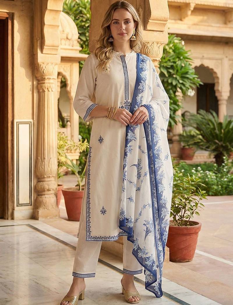 Women Floral Embroidered Regular Thread Work Pure Cotton Kurta with Trousers & With Dupatta