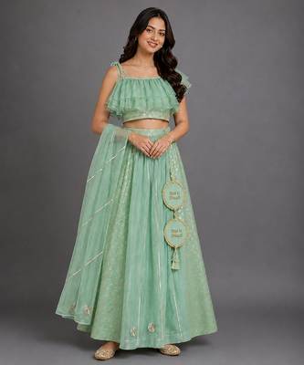 Pastel Green Embroidered Cotton Silk Lehenga Set 3