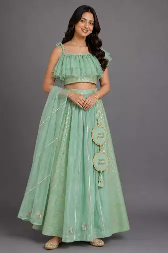 Pastel Green Embroidered Cotton Silk Lehenga Set