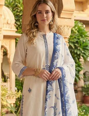 Women Floral Embroidered Regular Thread Work Pure Cotton Kurta with Trousers & With Dupatta 2