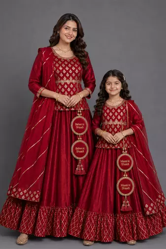 Maroon Embroidered Cotton Silk Kurti Lehenga Set