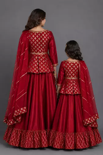 Maroon Embroidered Cotton Silk Kurti Lehenga Set