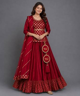Maroon Embroidered Cotton Silk Kurti Lehenga Set 3