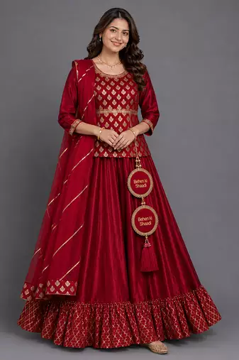 Maroon Embroidered Cotton Silk Kurti Lehenga Set