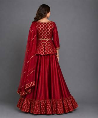Maroon Embroidered Cotton Silk Kurti Lehenga Set 4