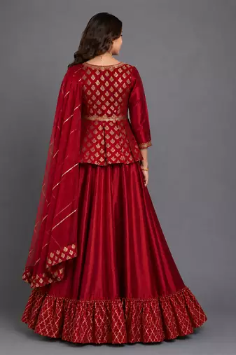 Maroon Embroidered Cotton Silk Kurti Lehenga Set