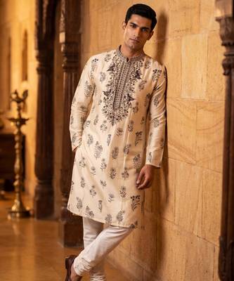 roman silk blend fabric embroidery mens designer party wear kurta pajama 2