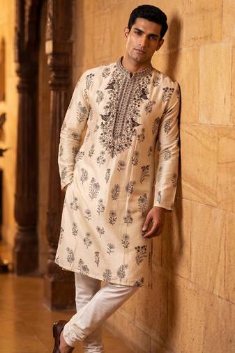 roman silk blend fabric embroidery mens designer party wear kurta pajama