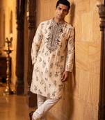 roman silk blend fabric embroidery mens designer party wear kurta pajama