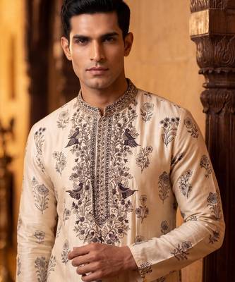 roman silk blend fabric embroidery mens designer party wear kurta pajama 3