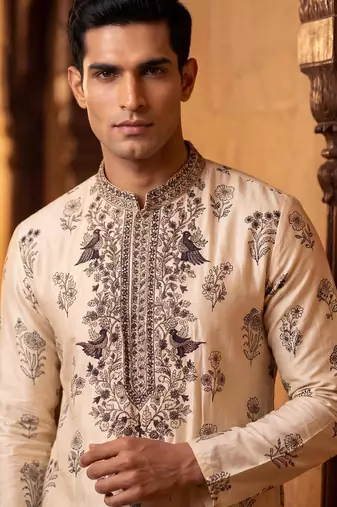 roman silk blend fabric embroidery mens designer party wear kurta pajama