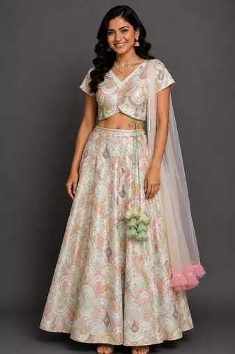 Ivory Embroidered Cotton Silk Lehenga Set