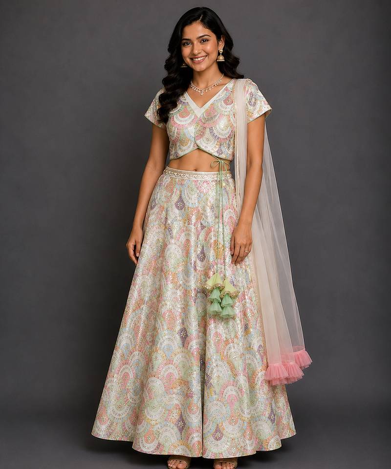 Ivory Embroidered Cotton Silk Lehenga Set