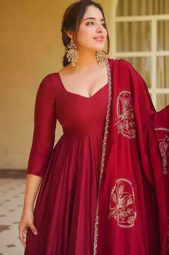 Maroon roman  silk  party wear embroidery anarkali suit set
