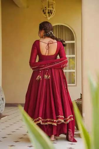 Maroon roman  silk  party wear embroidery anarkali suit set