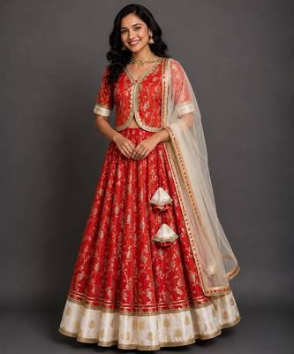 Red Ivory Embroidered Cotton Silk Lehenga Set 3