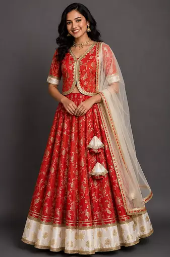 Red Ivory Embroidered Cotton Silk Lehenga Set