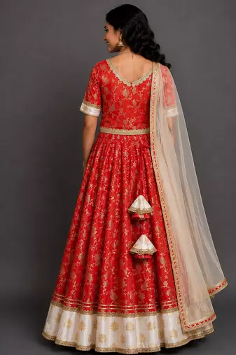 Red Ivory Embroidered Cotton Silk Lehenga Set