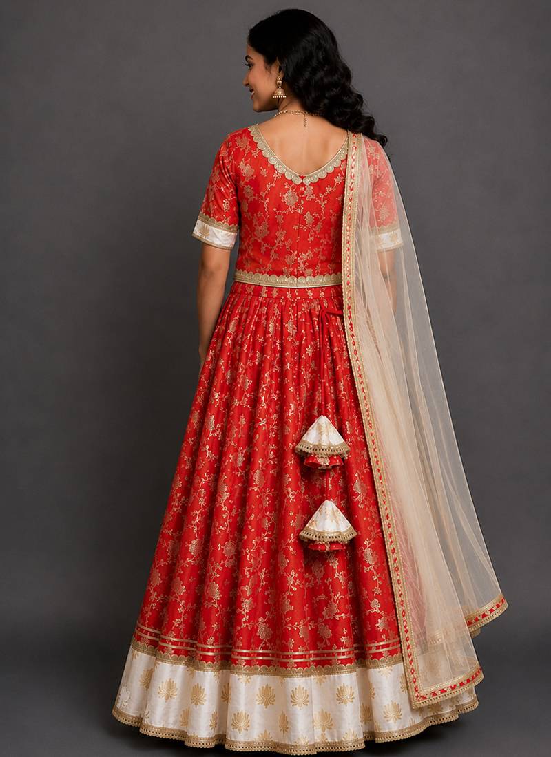 Red Ivory Embroidered Cotton Silk Lehenga Set