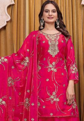 Pink fandy silk party wear embroidery sharara suit set 5