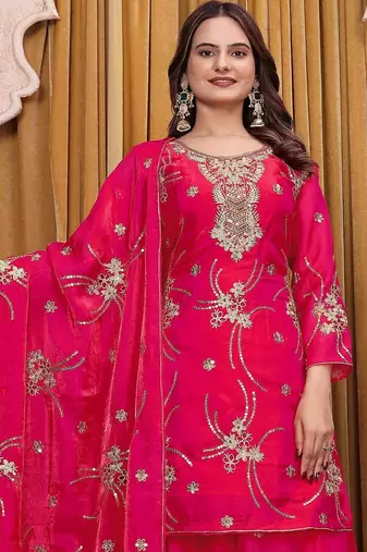 Pink fandy silk party wear embroidery sharara suit set