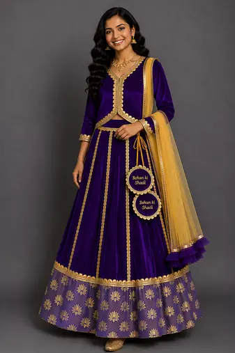 Royal Purple Embroidered Velvet Lehenga Set