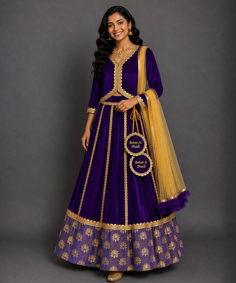 Royal Purple Embroidered Velvet Lehenga Set