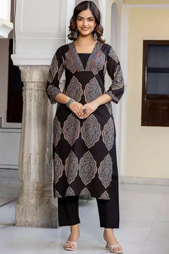 Women Ethnic Motifs Printed Regular Mirror Work Pure Cotton Kurta with Trousers