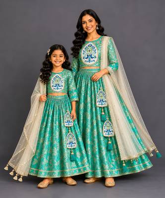 Turquoise Blue Embroidered Cotton Silk Lehenga Set 1