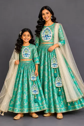 Turquoise Blue Embroidered Cotton Silk Lehenga Set