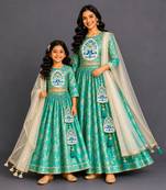 Turquoise Blue Embroidered Cotton Silk Lehenga Set