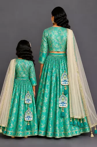 Turquoise Blue Embroidered Cotton Silk Lehenga Set