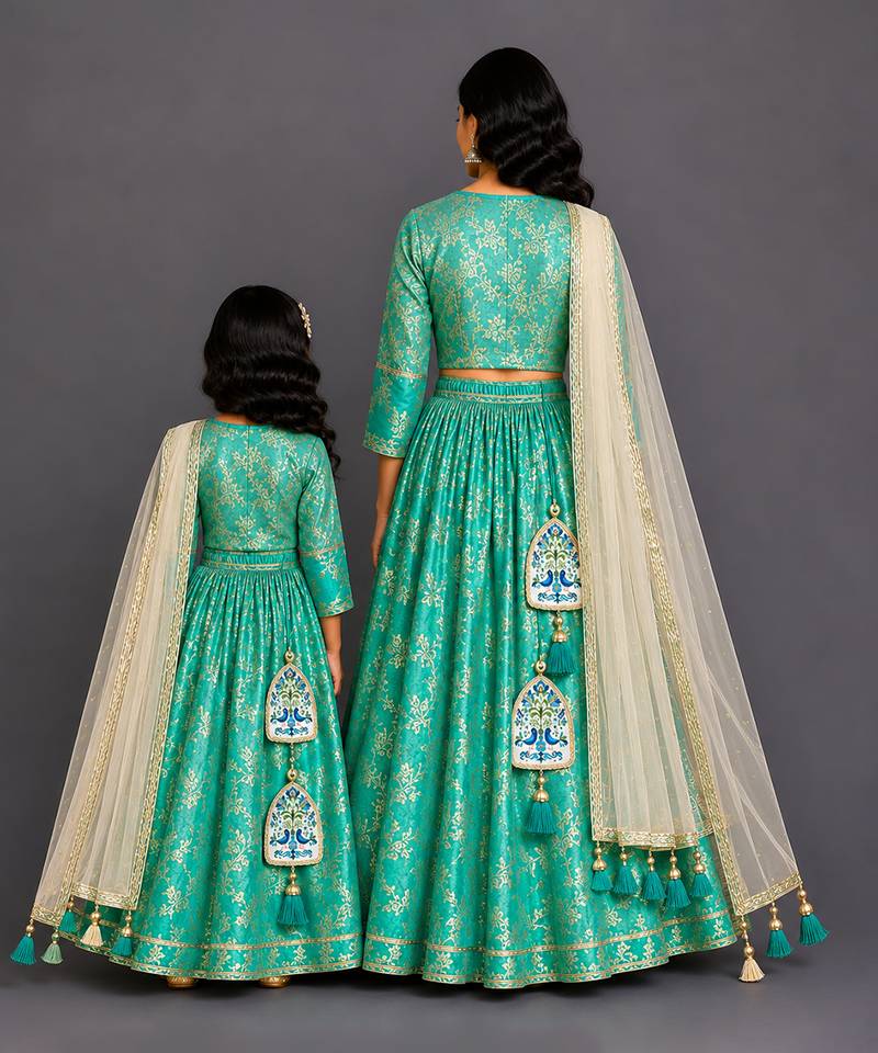 Turquoise Blue Embroidered Cotton Silk Lehenga Set