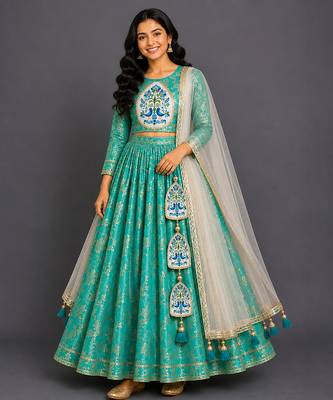 Turquoise Blue Embroidered Cotton Silk Lehenga Set 3