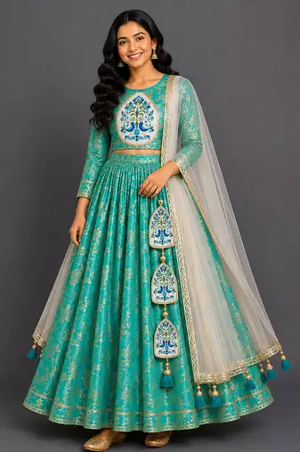 Turquoise Blue Embroidered Cotton Silk Lehenga Set