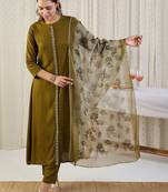 Ethnic Motifs Band Collar Thread Work Kurta With Trousers & Dupatta