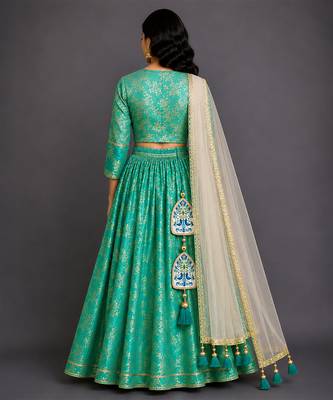 Turquoise Blue Embroidered Cotton Silk Lehenga Set 4