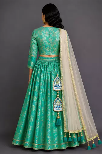 Turquoise Blue Embroidered Cotton Silk Lehenga Set