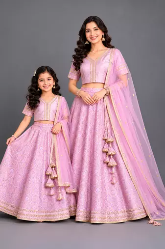 Lavender Pink Embroidered Brocade Lehenga Set