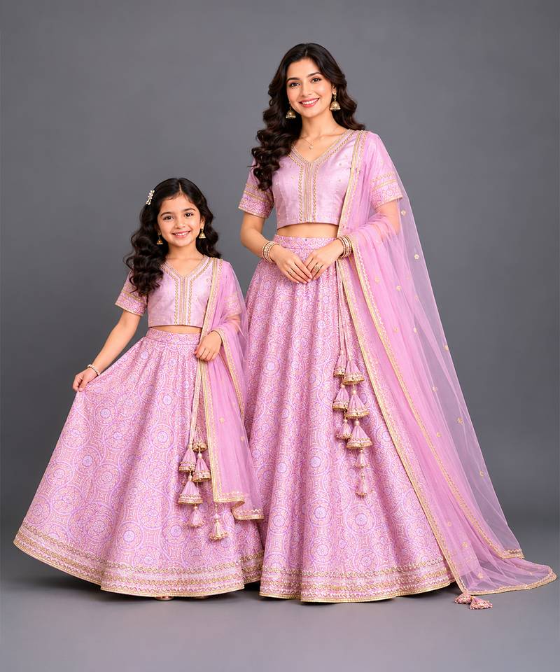 Lilac Pink Embroidered Brocade Lehenga Set