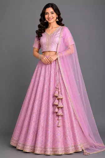 Lavender Pink Embroidered Brocade Lehenga Set