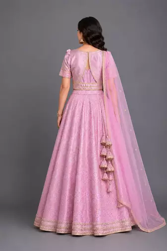 Lavender Pink Embroidered Brocade Lehenga Set
