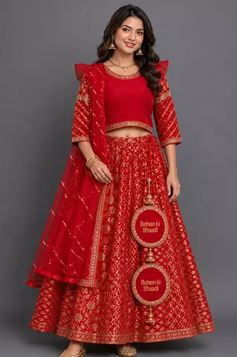 Vibrant Red Embroidered Chanderi Lehenga Set