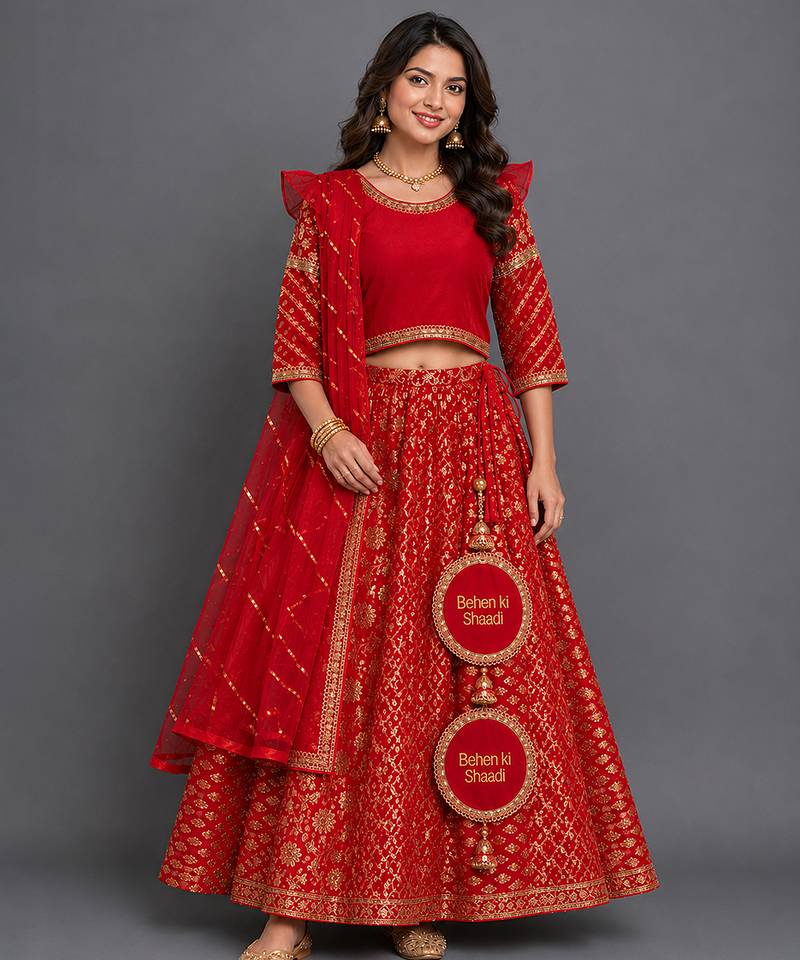 Vibrant Red Embroidered Chanderi Lehenga Set