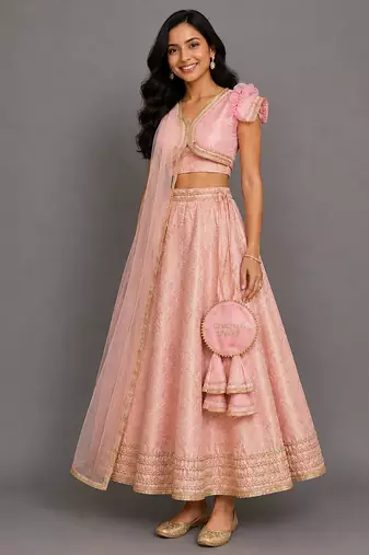 Blush Pink Embroidered Brocade Lehenga Set